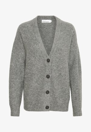 Cardigan en tricot gris avec un col en V, cinq grands boutons sur le devant et des poignets côtelés. Fabriqué en tissu doux et texturé.