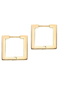 Quadratische Ohrringe aus glänzendem Goldmetall mit glatter Oberfläche und minimalistischem Design. Sichere Verschlüsse mit einem Scharniermechanismus.