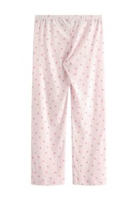 Rosa pyjamasbyxor med randigt mönster, som har små blommönster. Elastisk midja, mjuk tyg, rak benstil, avslappnad stil.