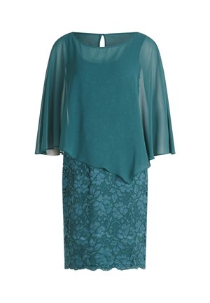 Abito a due pezzi in teal con un top trasparente e fluido e una gonna in pizzo con motivi floreali. Chiusura a chiave sul retro.