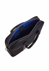 Borsa per laptop in pelle nera con interno blu, dotata di doppia cerniera e due manici, progettata per l'organizzazione e un facile accesso.