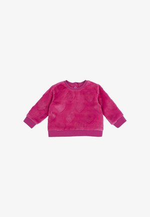 Fleece-Sweatshirt in leuchtendem Pink mit Herzmuster, langen Ärmeln sowie gerippten Bündchen und Halsauschnitt für zusätzlichen Textur und Komfort.