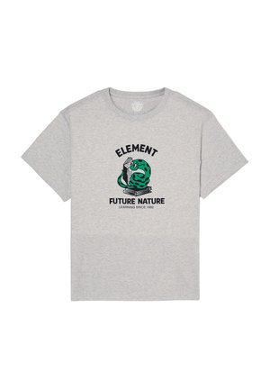 T-shirt gris clair avec une illustration d’un serpent vert lisant un livre et le texte "Element Future Nature Learning Since 1992" sur le devant.