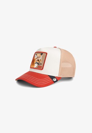 Rote und weiße Kappe mit Netzrücken, ausgestattet mit einem gestickten Fuchs-Patch und dem Text "GOOD LOOKS". Gebogener Schirm und kontrastierende Nähte.