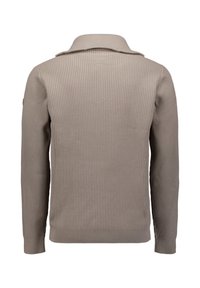 Beige geribbelde trui met lange mouwen en een opstaande kraag. Heeft een stevig geweven textuur en geribbelde cuffs en zoom. Geen zichtbare merknaam.