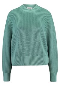 Minzgrüner, gestrickter Pullover mit rundem Halsausschnitt, gerippten Bündchen und Saum. Verfügt über ein strukturiertes Muster über den Hauptteil.