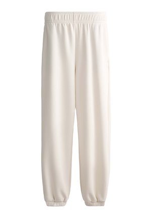 Weiße, weiche Fleece-Sweatpants mit einem elastischen Bund und gerippten Bündchen. Einfaches, gerades Design mit Seitentaschen.