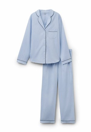 Hellblaues langärmeliges Pyjamashirt zum Knöpfen mit Brusttasche und passende Hose, beide mit dunkler Paspel an den Kanten.