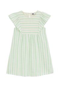 Green and white striped dress with a round neckline, short ruffle sleeves, gathered waist, and back closure. Soft, lightweight fabric.