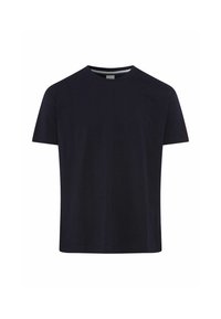 Donkerblauwe t-shirt met korte mouwen van katoen, met een ronde hals en een rechte snit; heeft een subtiele gestreepte accent op de halslijn.