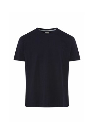 T-shirt à manches courtes bleu marine en coton avec un col rond et une coupe droite ; présente un accent rayé subtil au niveau du col.