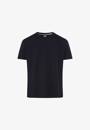 Mørkeblå kortærmet T-shirt lavet af bomuld med rund hals og lige pasform; har en subtil stribet detalje ved halsudskæringen.