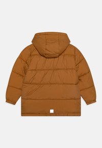 Giacca a vento marrone con cappuccio, caratterizzata da un design trapuntato, maniche lunghe e polsini elasticizzati. Include un piccolo logo bianco sul retro.