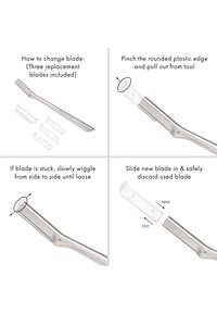 Instruktioner, der viser et værktøj med aftagelige klinger og trin til forsigtigt at knibe, vippe, fjerne og udskifte klingen ved hjælp af pile og tekst.