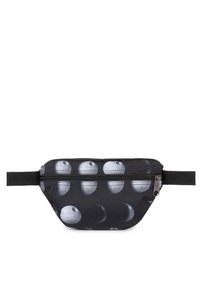 Banane noire avec une fermeture éclair, présentant un motif répétitif de formes sphériques grises et blanches, fabriquée en tissu résistant. Sangle ajustable.