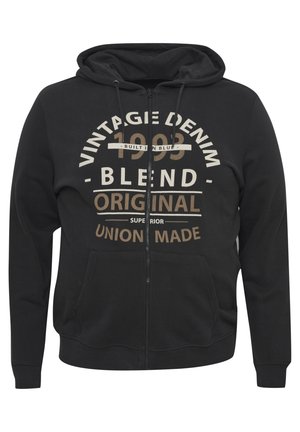 Fekete, cipzáros kapucnis pulóver, puha anyagból készült, elöl bézs színű grafikával: "Vintage Denim 1993 Blend Original Superior Union Made."