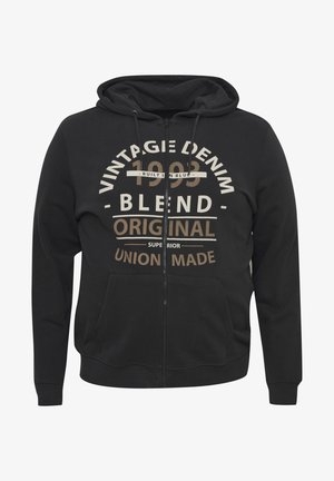 Schwarze Zip-up-Hoodie aus weichem Material mit einem vorderen Grafikaufdruck in Beige: "Vintage Denim 1993 Blend Original Superior Union Made."