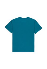 Pevné tyrkysové tričko s krátkym rukávom a okrúhlym výstrihom zobrazené zozadu na bielom pozadí.