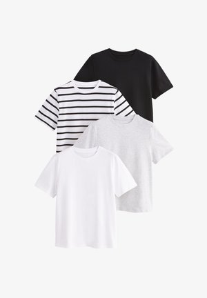 Patru tricouri: unul negru, unul alb, unul gri și unul cu dungi orizontale negre și albe. Toate au mâneci scurte și gât rotund.