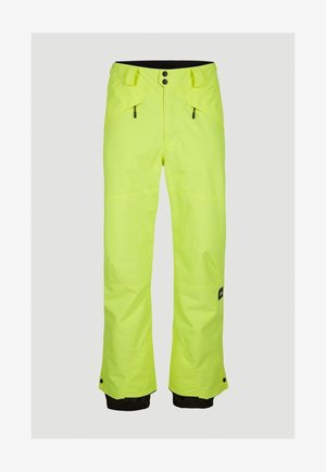 Pantalon de ski imperméable jaune vif avec poches avant à double fermeture éclair, poignets intérieurs noirs et ourlets de jambes réglables avec boutons.