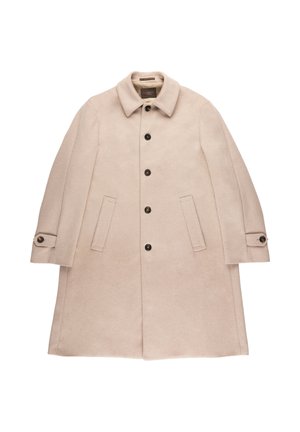 Beżowy wełniany długi płaszcz z kołnierzem, pięcioma ciemnymi guzikami z przodu, dwoma przednimi kieszeniami i zapięciami na guziki na rękawach.