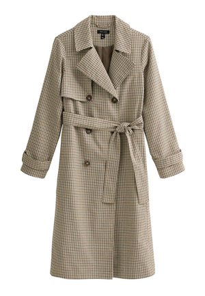 Trench beige a motivo a quadri con davanti doppiopetto, cintura in vita e ampi revers. Realizzato in tessuto strutturato con maniche lunghe.