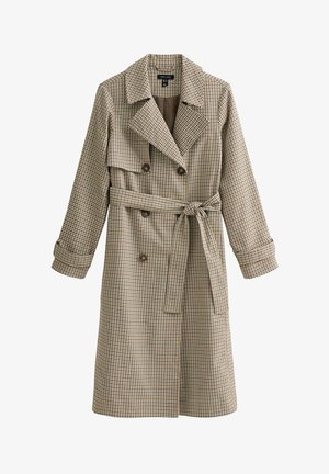 Trench beige a motivo a quadri con davanti doppiopetto, cintura in vita e ampi revers. Realizzato in tessuto strutturato con maniche lunghe.