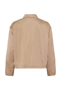 Beige leichte Jacke mit langen Ärmeln, geradem Saum und klassischem Kragen, von hinten vor weißem Hintergrund gezeigt.