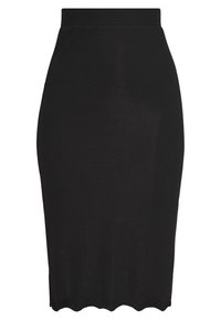 Musta neulepencil-hame, jossa on sileä pinta, korkea vyötärö ja aaltoileva helma. Slim fit, joka ulottuu polveen.