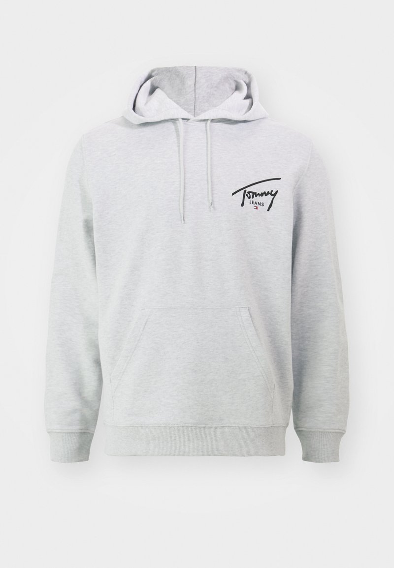 Šedá bawełněná mikina s kapucí a přední kapsou, stažitelnou kapucí a černým logem "Tommy Jeans" v horním levém rohu. Měkká textura, ležérní design.