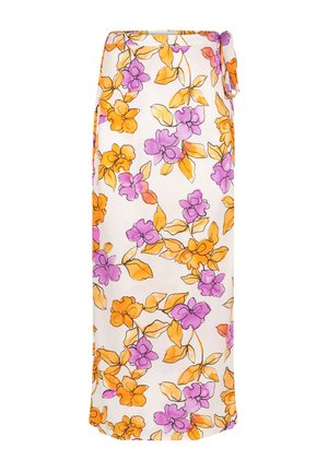 Bloemige maxi-rok gemaakt van lichte stof. Heeft een witte basis met paarse en oranje bloemen, en een zijstrikdetail.
