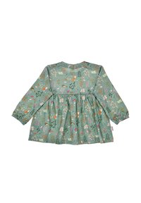 Langärmeliges Kleid aus weichem, grünem Stoff, mit floralen und tierischen Motiven in Rosa, Orange und Gelb. Empire-Taille mit gerafftem Rock.