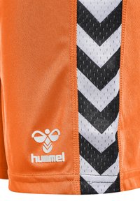 Orange atletiska shorts med en slät textur, med en svart och vit chevronpanel och en vit logotyp på den nedre sidan.