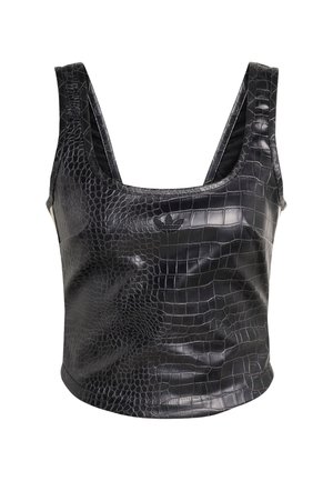 Black faux leather top featuring a crocodile texture, sleeveless design, and a scooped neckline with subtle branding on the front.