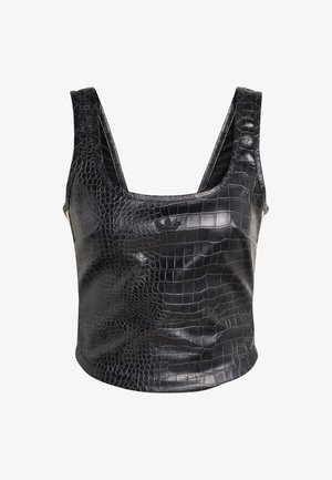 Top de cuero sintético negro con textura de cocodrilo, diseño sin mangas y escote redondeado con una sutil marca en la parte delantera.
