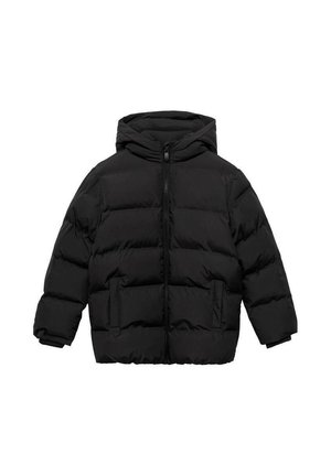 Doudoune noire avec matelassage horizontal, fermeture éclair devant, capuche attachée, manches longues et deux poches devant.