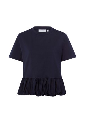 Granatowy top z krótkim rękawem, okrągłym dekoltem i marszczonym obszyciem w stylu peplum na dole.