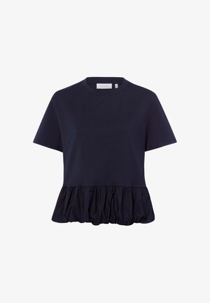 Granatowy top z krótkim rękawem, okrągłym dekoltem i marszczonym obszyciem w stylu peplum na dole.