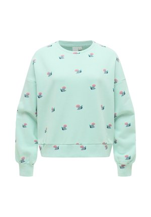 Hellgrüner Langarm-Sweatshirt mit kleinen rosa und grünen Blumenmustern, die über den Stoff verstreut sind, mit gerippten Bündchen und Saum.