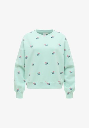 Hellgrüner Langarm-Sweatshirt mit kleinen rosa und grünen Blumenmustern, die über den Stoff verstreut sind, mit gerippten Bündchen und Saum.