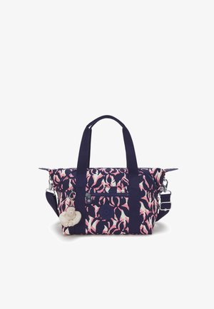 Borsa a spalla a righe rossa e blu con doppio manico, tasca esterna, tracolla regolabile e un portachiavi a forma di scimmia in peluche.