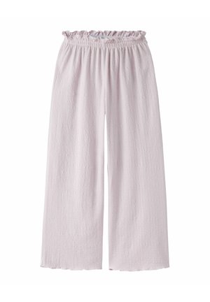 Pantalon fluide rose pâle à taille élastique avec un tissu subtilement texturé, adapté pour une tenue décontractée ou de détente.