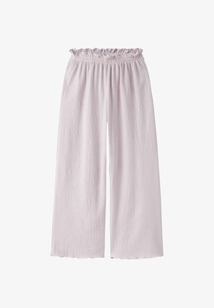Pantalones de pierna ancha color rosa claro con cintura elástica y tela sutilmente texturizada, adecuados para uso casual o para estar en casa.