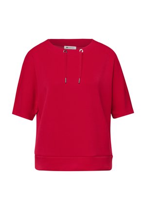 Červená mikina s krátkými rukávy, kulatým výstřihem a šňůrkami, s žebrovaným lemem pro pohodlný střih.