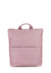 Sac en tissu rose de forme rectangulaire, doté d'une poignée supérieure, d'une fermeture éclair et d'une poche avant. Matériau texturé avec un subtil éclat.