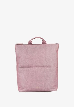 Borsa in tessuto rosa con forma rettangolare, dotata di manico superiore, chiusura con zip e tasca frontale. Materiale testurizzato con una leggera lucentezza.