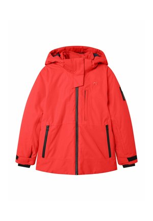 Rote wasserfeste Jacke mit Kapuze, schwarzen Reißverschlussdetails, zwei Seitentaschen und einer Brusttasche. Das Material wirkt glatt mit matter Oberfläche.