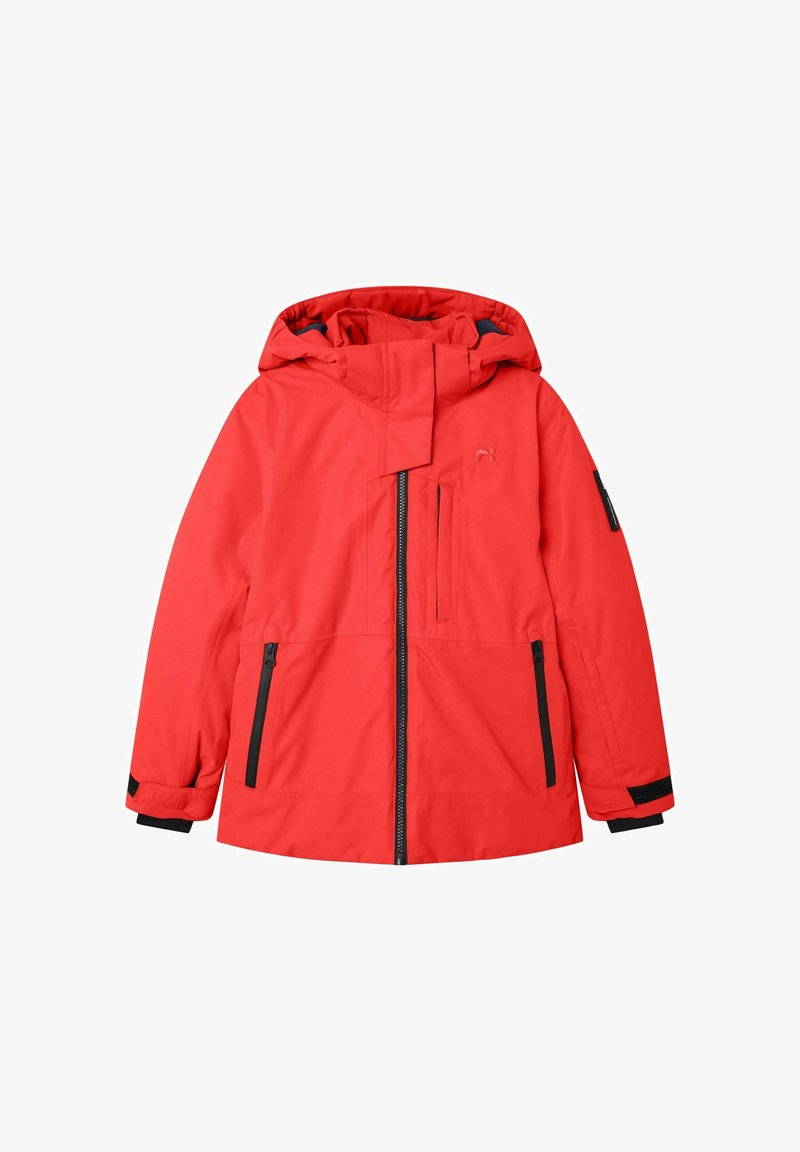 Veste imperméable rouge avec capuche, détails de fermeture éclair noirs, deux poches latérales et une poche sur la poitrine. Le matériau semble lisse avec une finition mate.