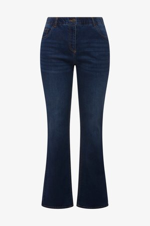 Donkerblauwe spijkerbroek met licht uitlopende pijpen, voorste knoop, ritssluiting en klassieke vijfzakkenontwerp.