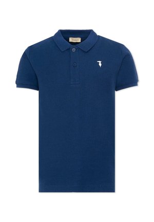 Polo blu navy a maniche corte con due bottoni e un piccolo logo bianco sul petto sinistro.